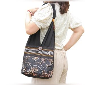 Brown Embroidered & Sequins Floral Cotton Shoulder Bag From Thailand